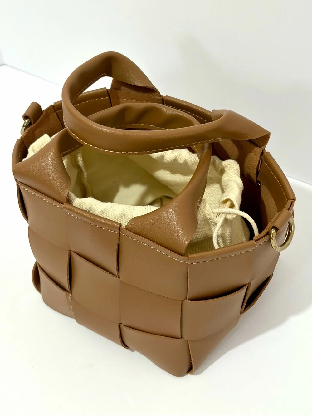 Woven Tan Mini Tote Bag with Cream Liner W/O Crossbody Strap